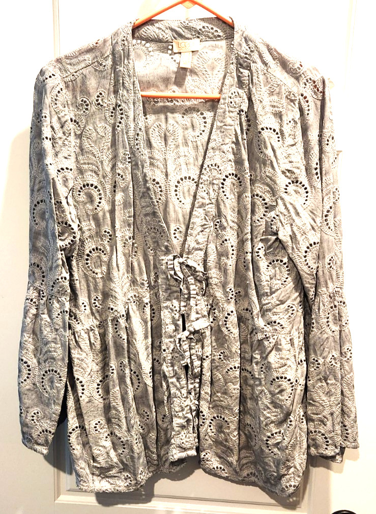LOGO Lavish Lori Goldstein Eyelet Lace Tie Front Cardigan Blouse Gray Large L