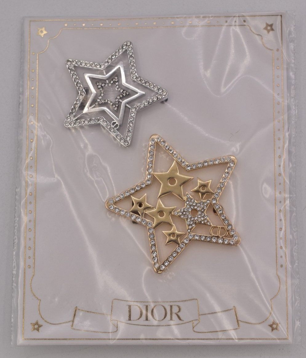 Christian Dior Holiday Star Hair Pin Barrettes Beauty Clips Silver Gold Logo