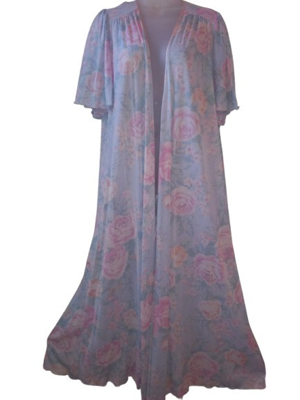 Vintage Miss Elaine Pastel Roses Silky Soft Nylon Peignoir Robe Lingerie O/S