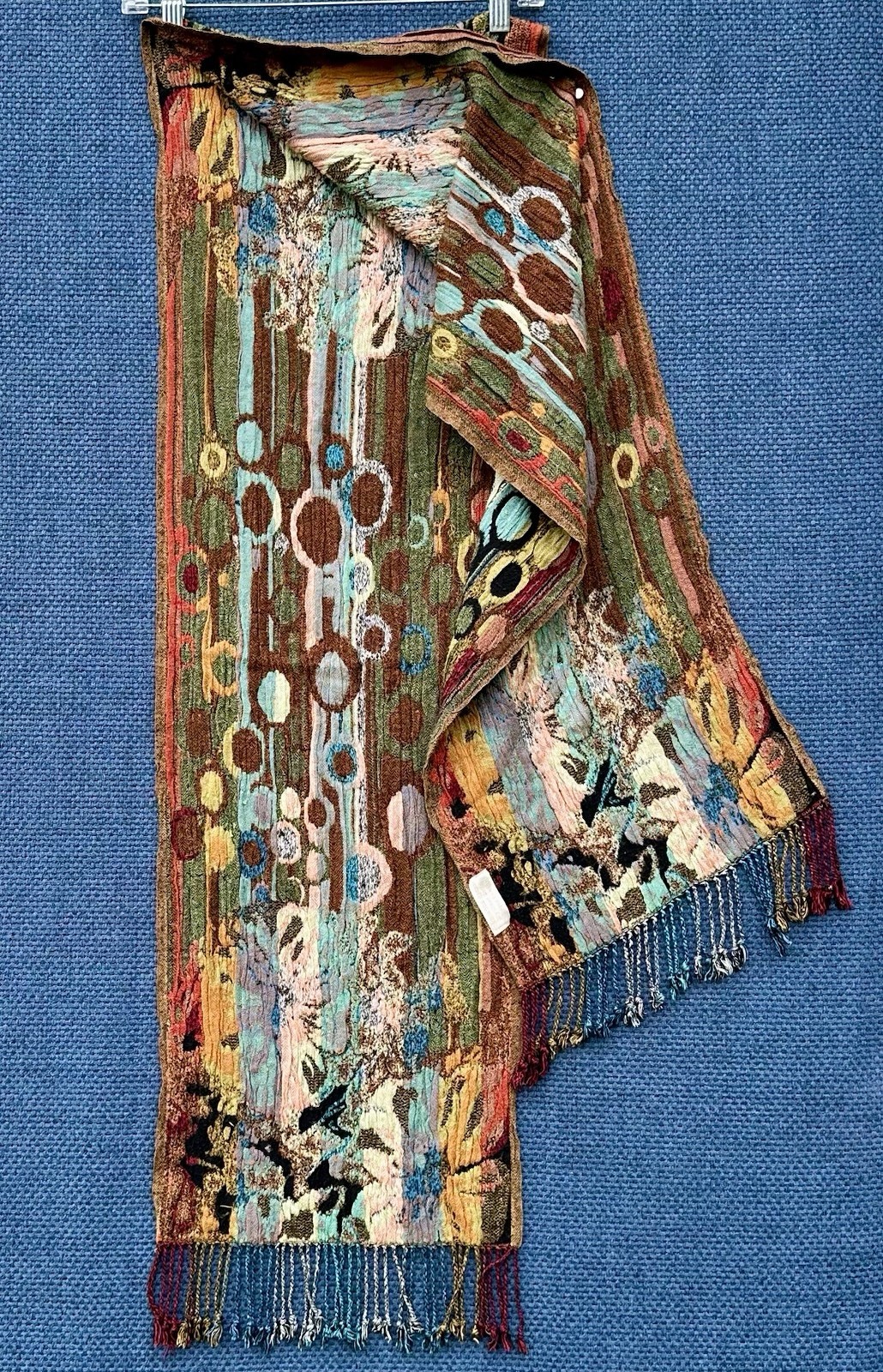 Art To Wear Silk Viscose Woven Scarf Nepal Abstract Floral Fringe Boho Wrap