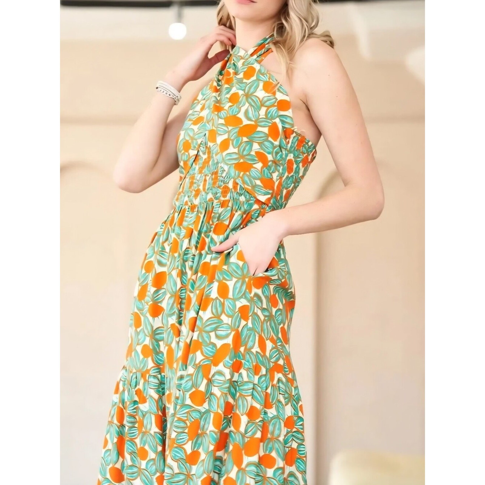 Davi & Dani 2XL Citrus Print Halter Maxi Dress Smocked Top NWT Lined Resort Boho