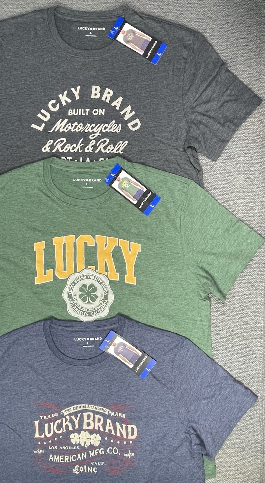 Lucky Brand Men’s LARGE Or XL Lot of 3 Graphic Tees in 3 Colors NWT