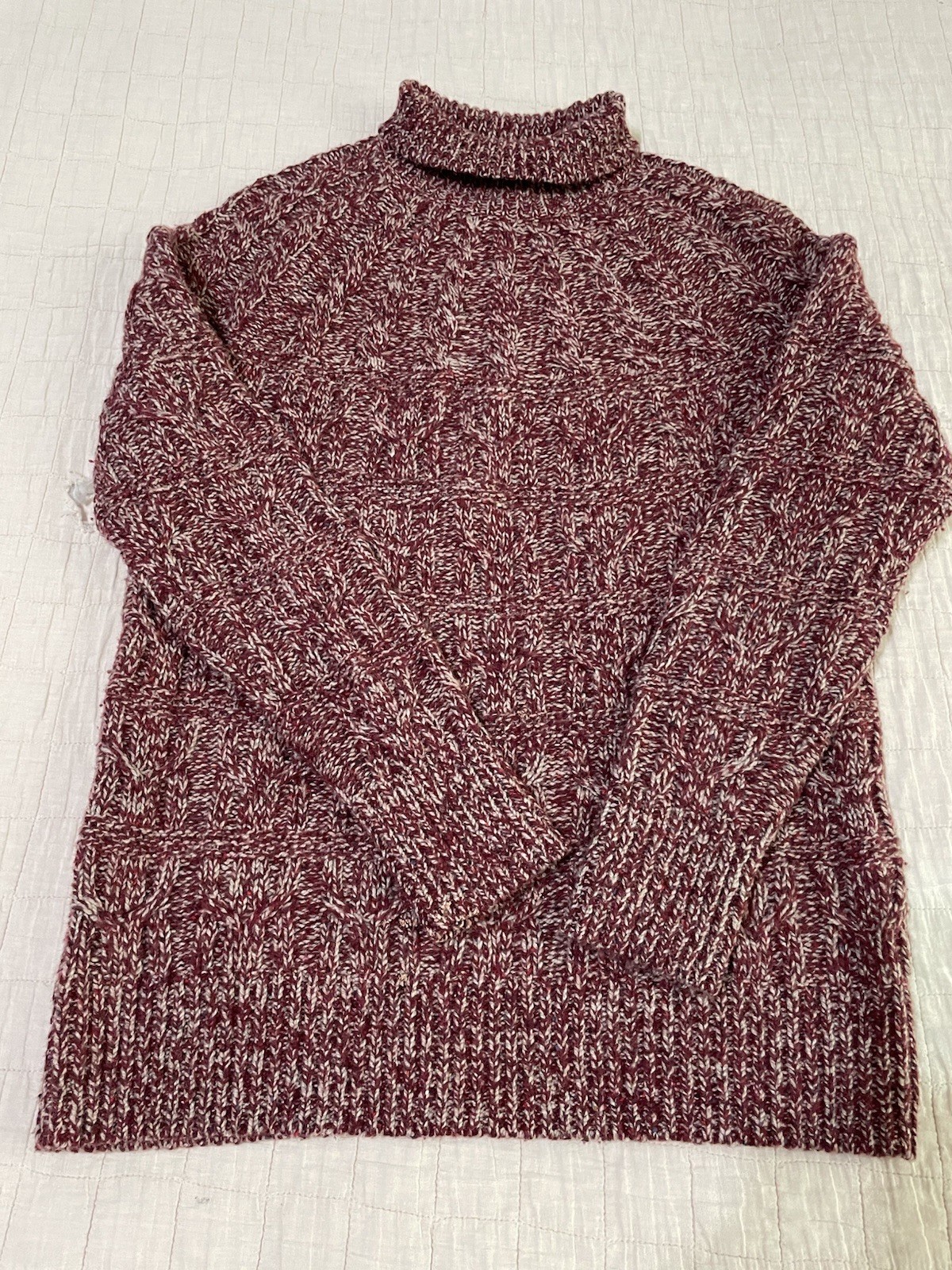 LL Bean Women’s Size S Signature Mock Neck Lambswool Knit Maroon + Gray Sweater