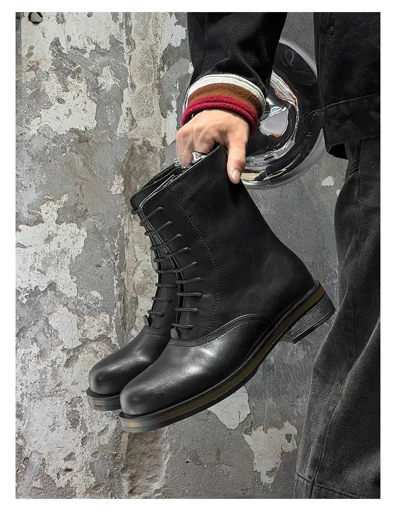 British Mid Calf Boots Men’s Lace Up High Top Business Leather Motorcycle Shoes