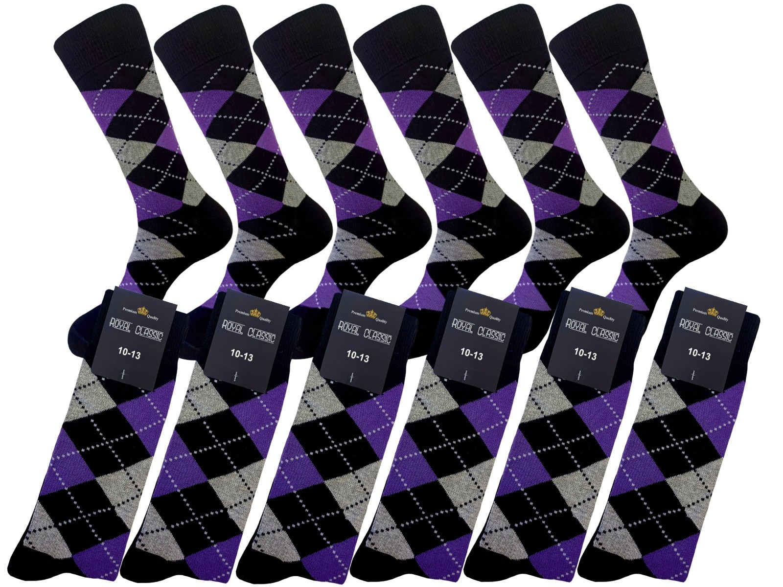 1-3-6-12 PAIR DRESS SOCKS BLACK PURPLE BLACK DIAMOND ARGYLE COTTON SOCKS 10-13