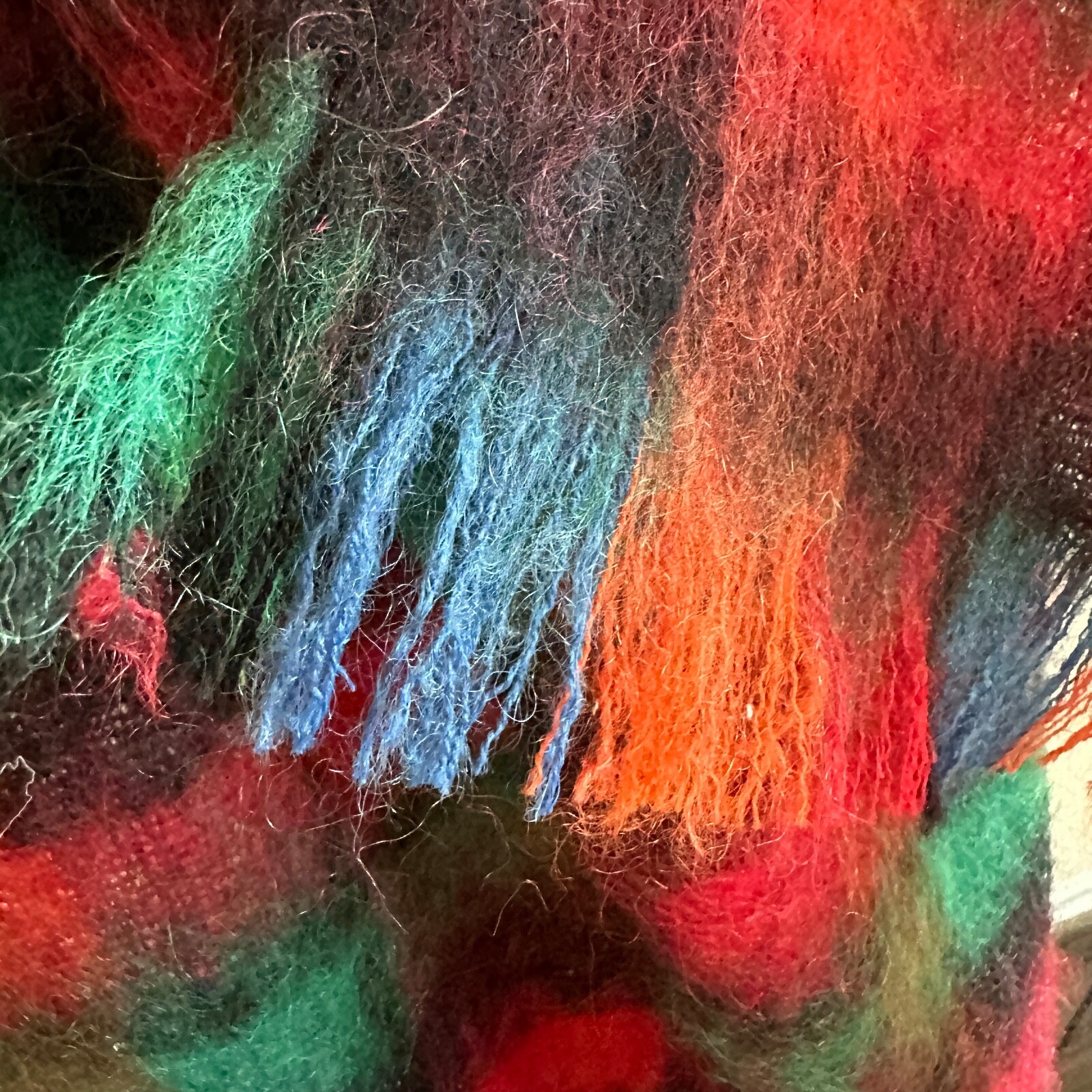 DOLORES Unique Design Mohair Wool Fringe Scarf Plaid Camp Wood Texas