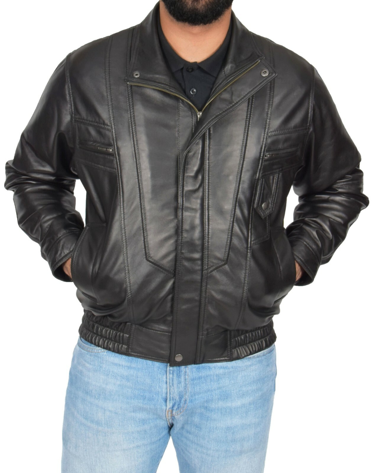 Gentlemens Bomber Soft Black Leather Jacket Classic Blouson Comfort Fit Coat NEW