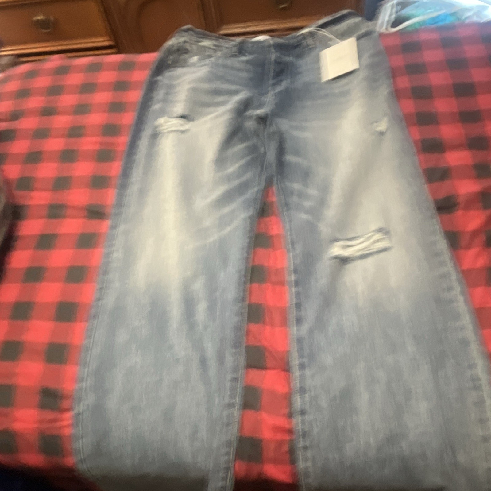 Kancan Women’s Blue Light Wash Denim Flare Jeans Distressed Button 15/31 NWT