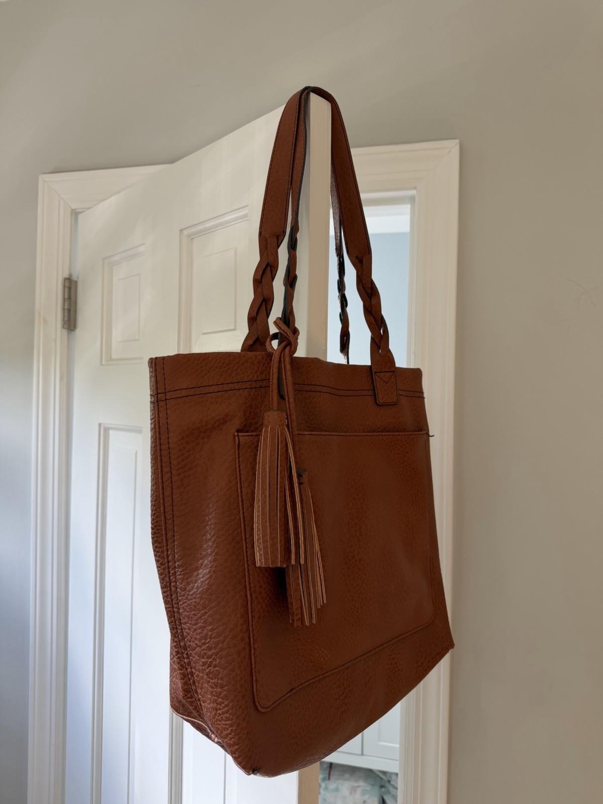 a.n.a Brown Pebbled Tote Bag Tassel & Braided Strap Magnetic Zip Inner Pockets