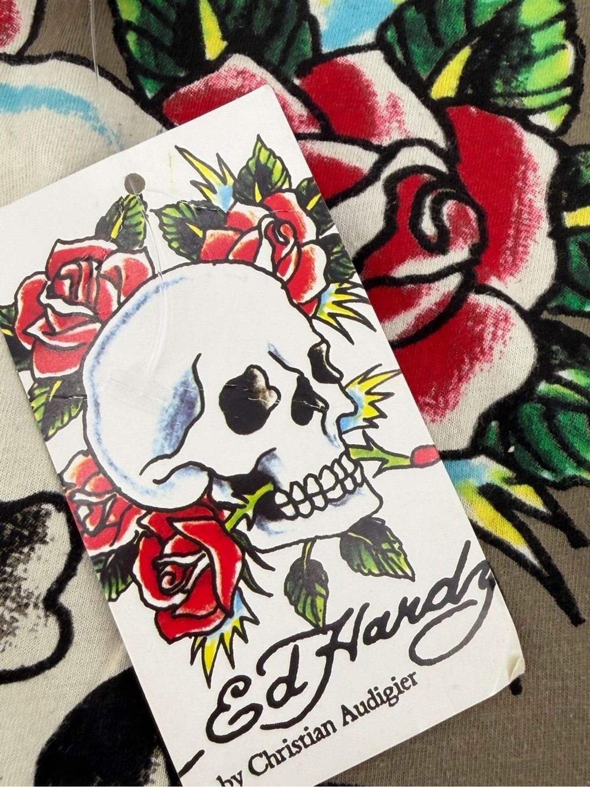 Vintage Ed Hardy Tunic T-Shirt NWT Skull Roses Christian Audigier Olive Brown