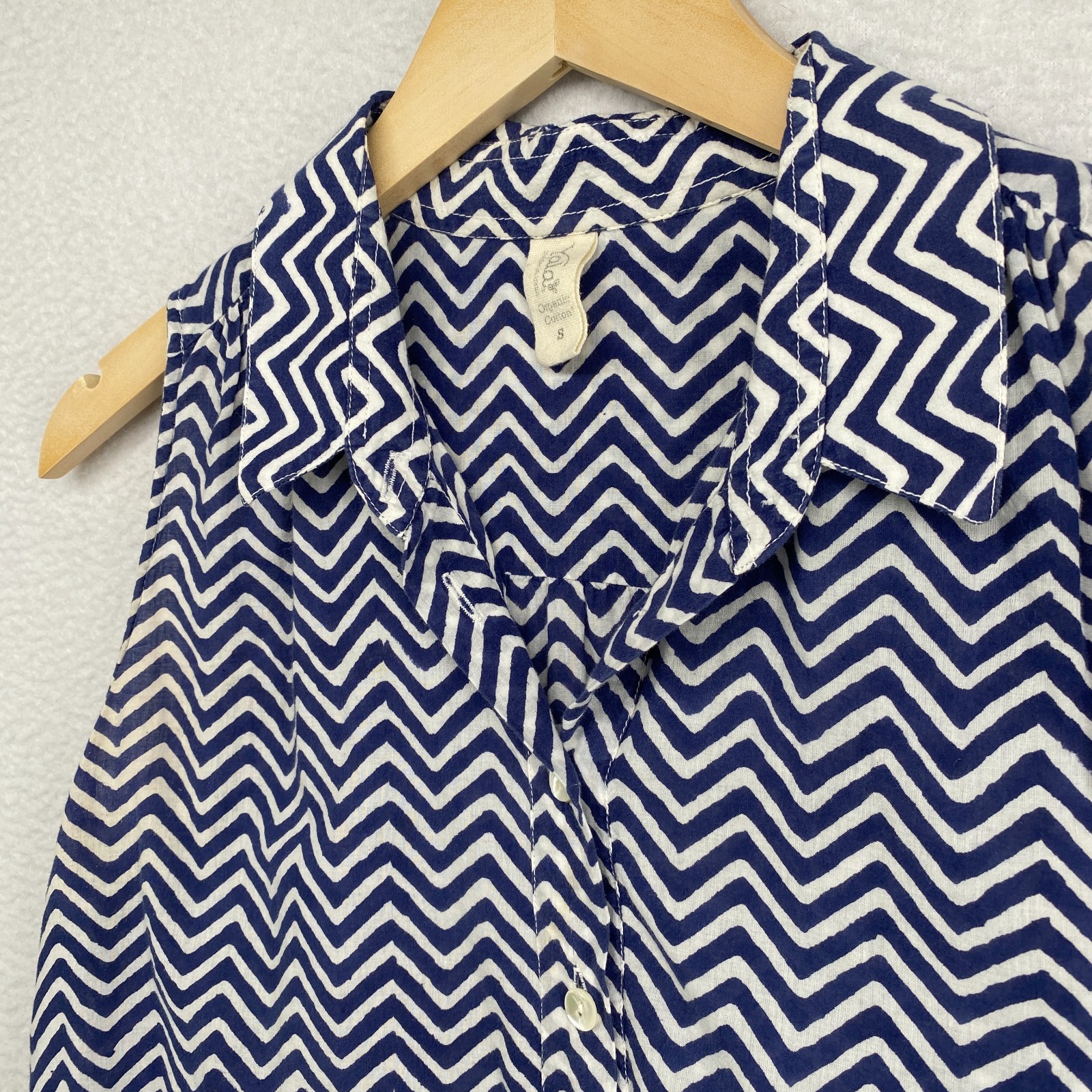 YALA Tunic Womens S Organic Cotton Chevron Sleeveless Shirt Button Up Blue India