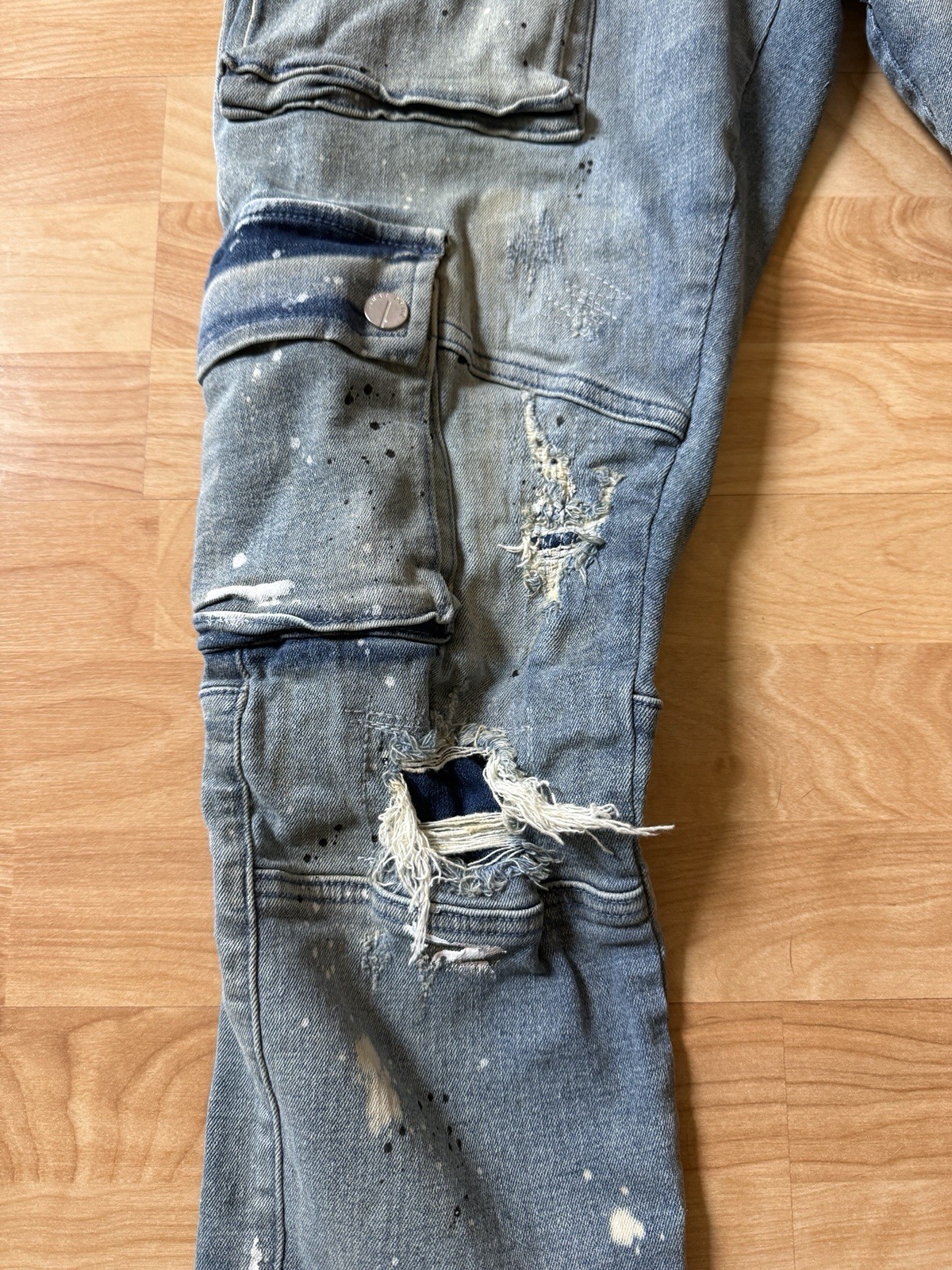 First Row Utility Cargo Repair Distressed Denim Jeans Size 38X32