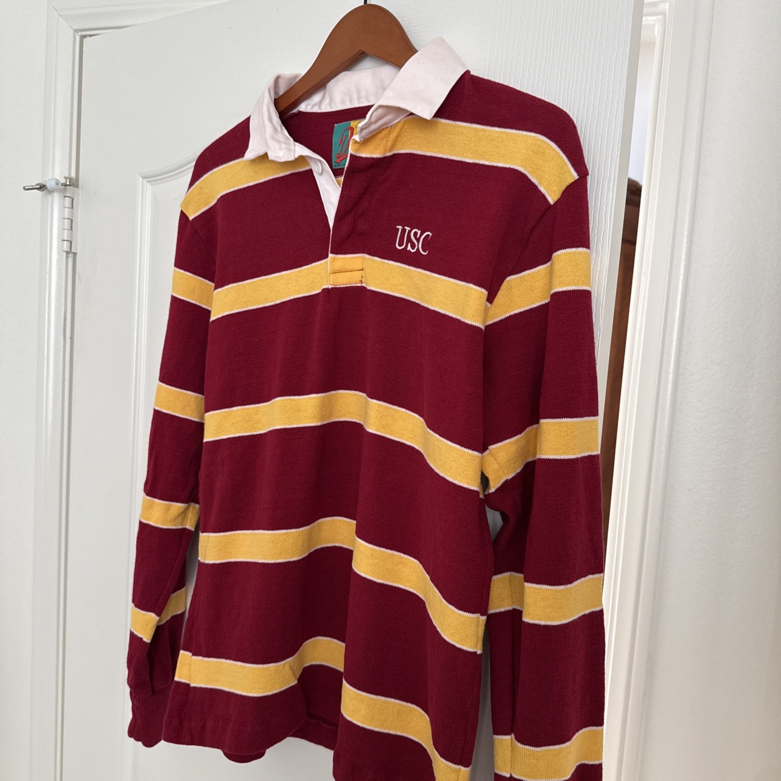 Dehen USC Trojans Rugby Shirt vintage Mens Large Striped Maroon Gold Polo