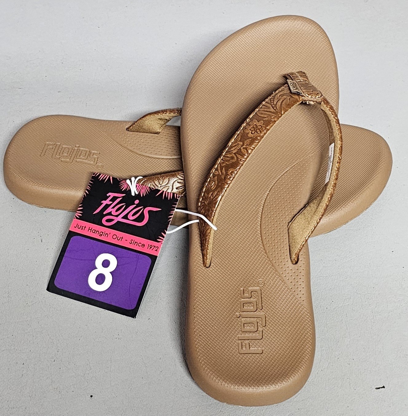 Flojos Rosita Flip Flops Sandals Memory Foam Footbed Tan Artisan Womens 8 new
