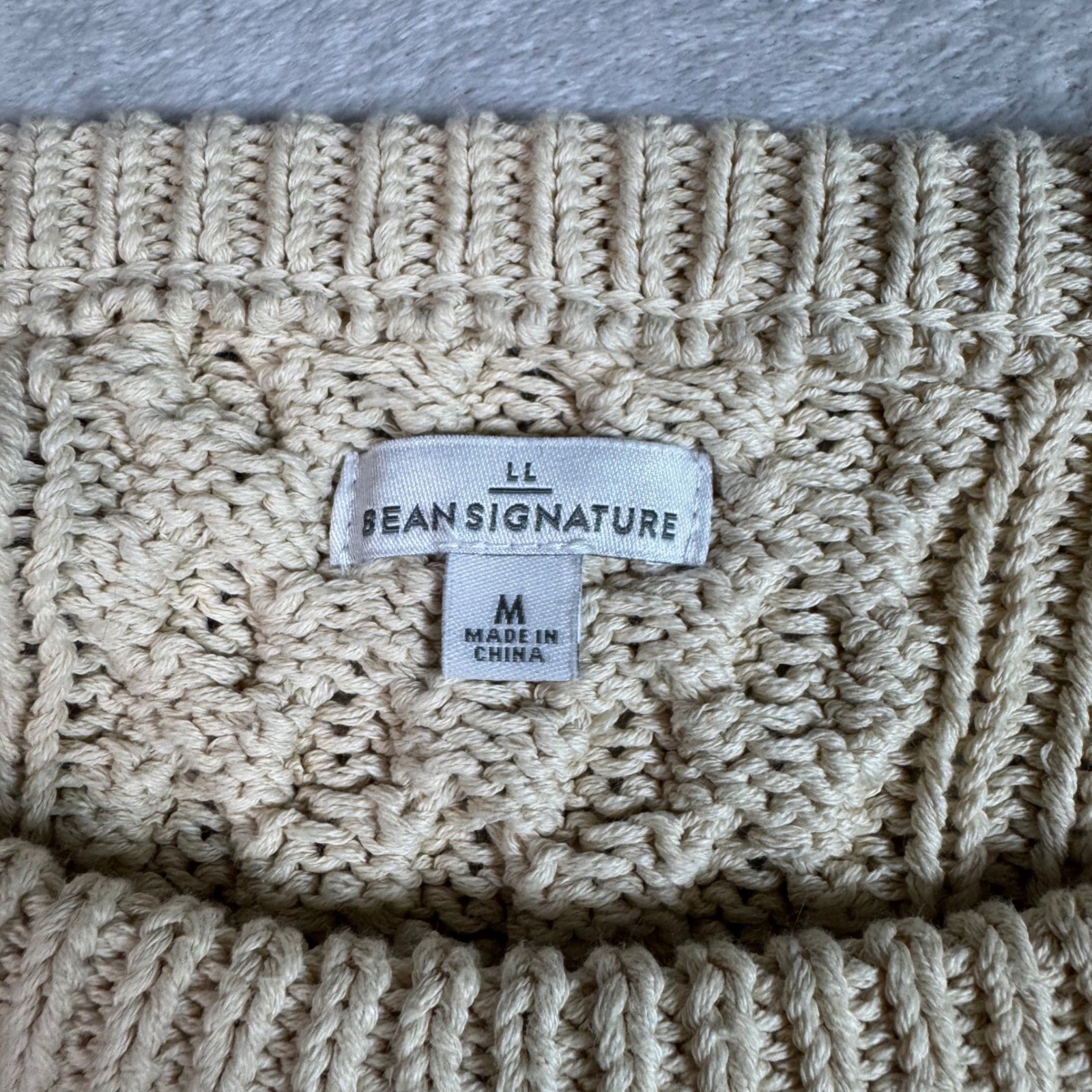 LL Bean Signature Women’s M Cream 100% Cotton Cable Knit Side Zip Sweater S