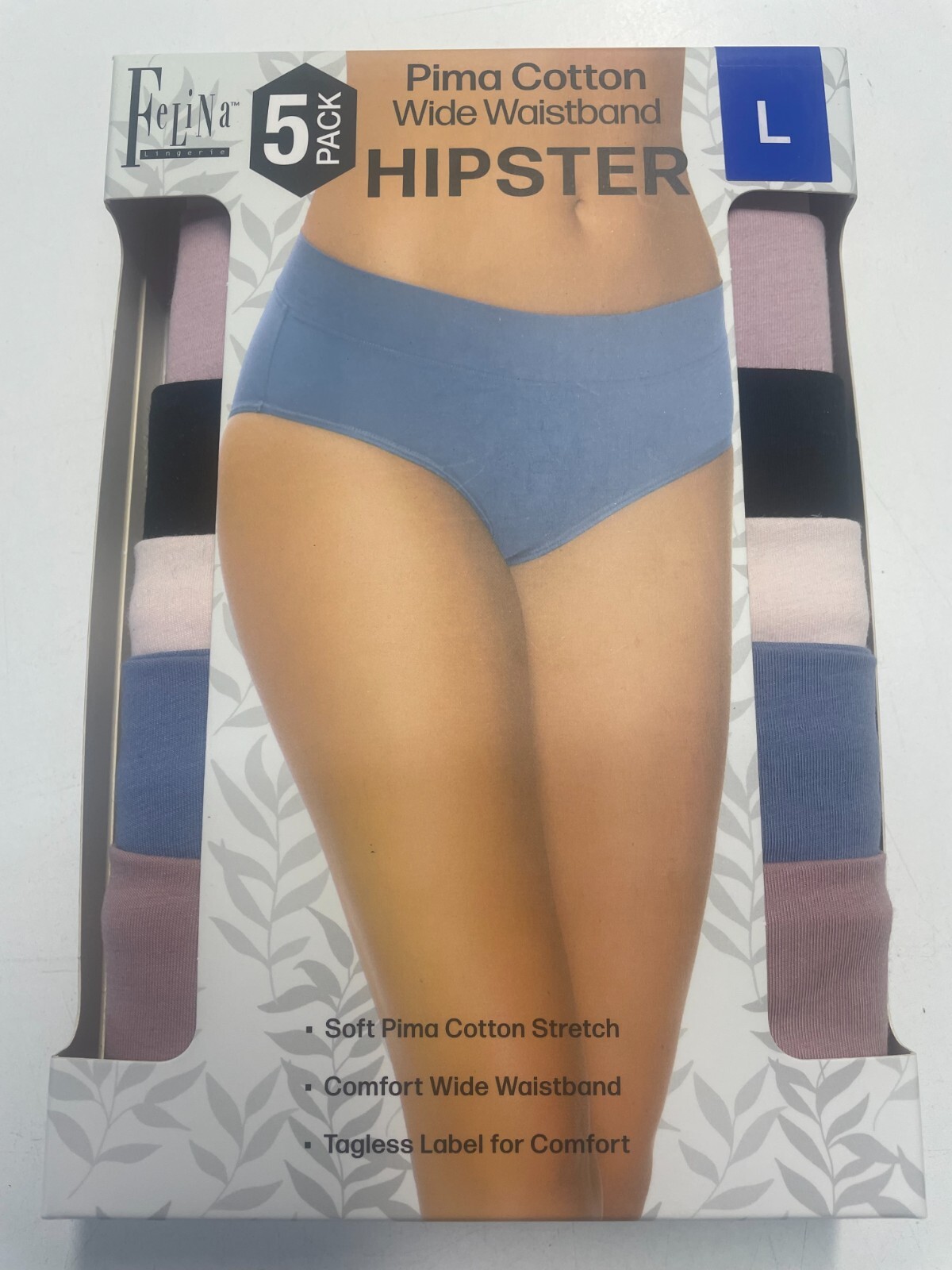 Felina, 5-Pack Pima Cotton Stretch Wide Waistband Hipster Panties (Size Large)