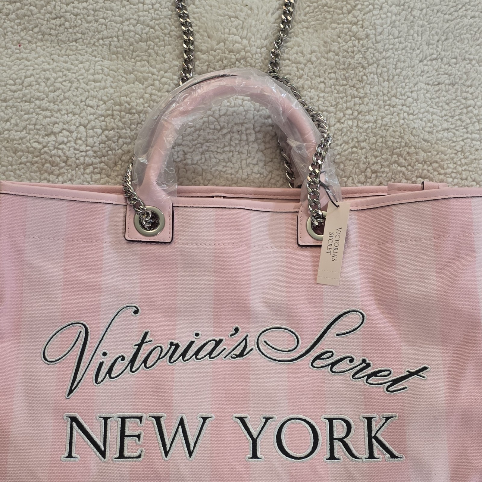 Victoria’s Secret New York Pink Striped Large Tote Bag, Chain Straps, Charm