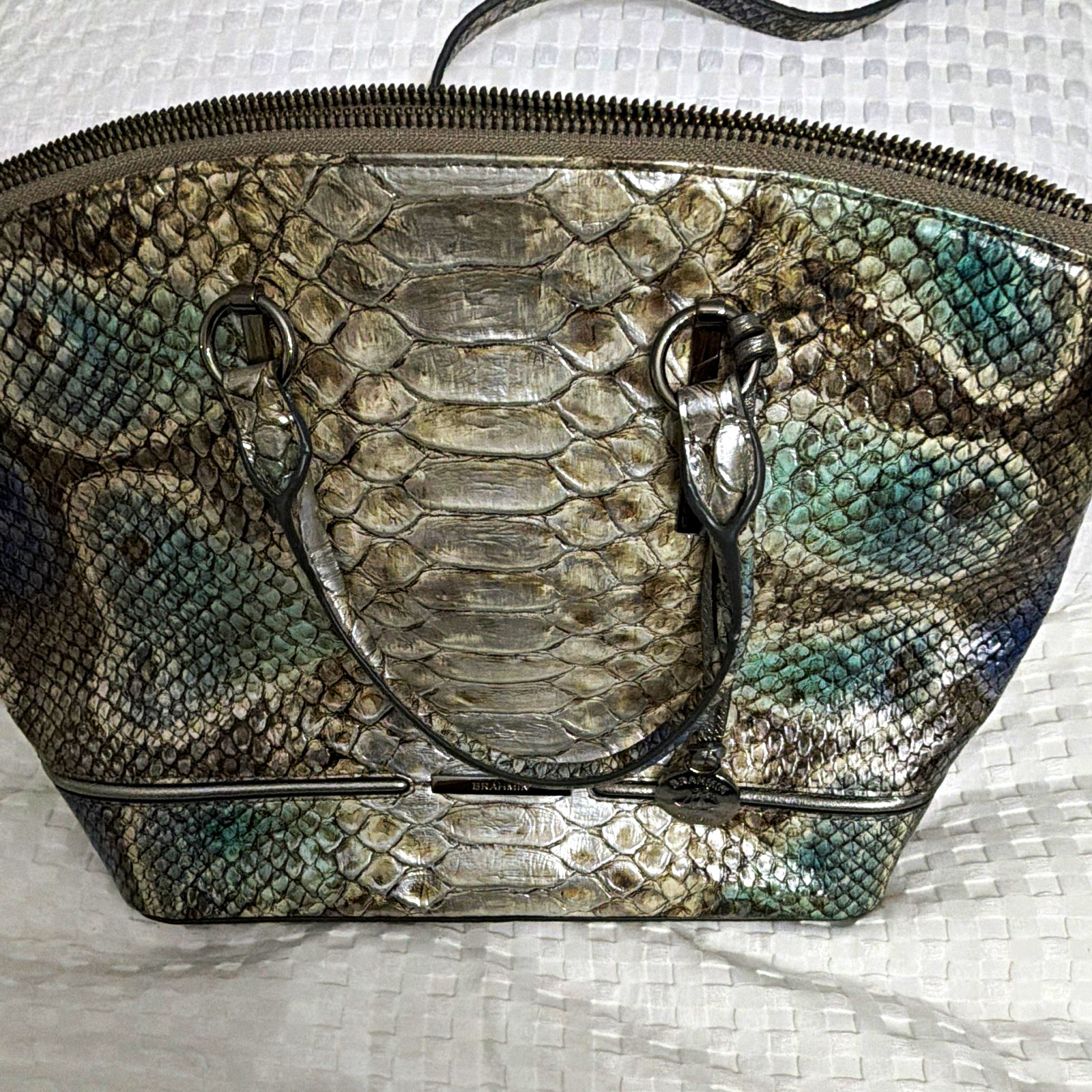 Brahmin Snake-Embossed Satchel Top Handle Zip Gray Green Silver Lined Pockets