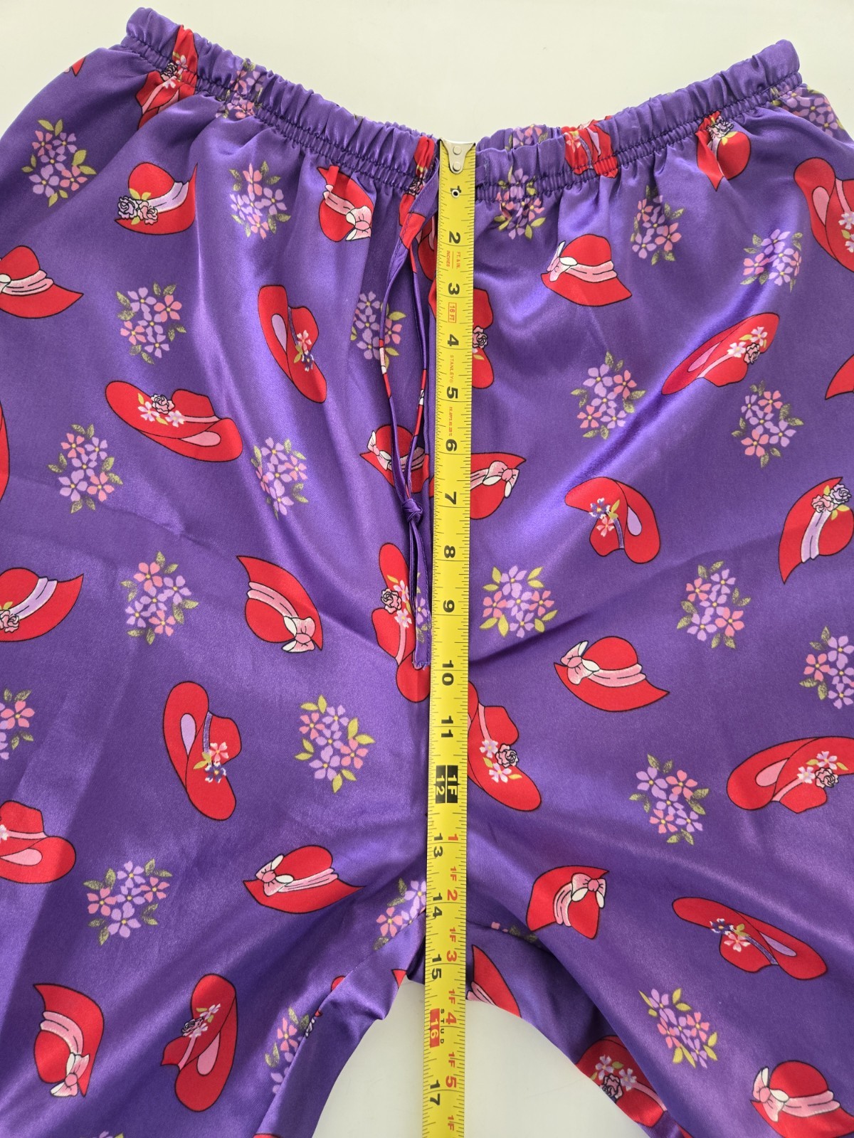 Purple Satin Two-Piece Pajama Set with Red Accent Print Size L