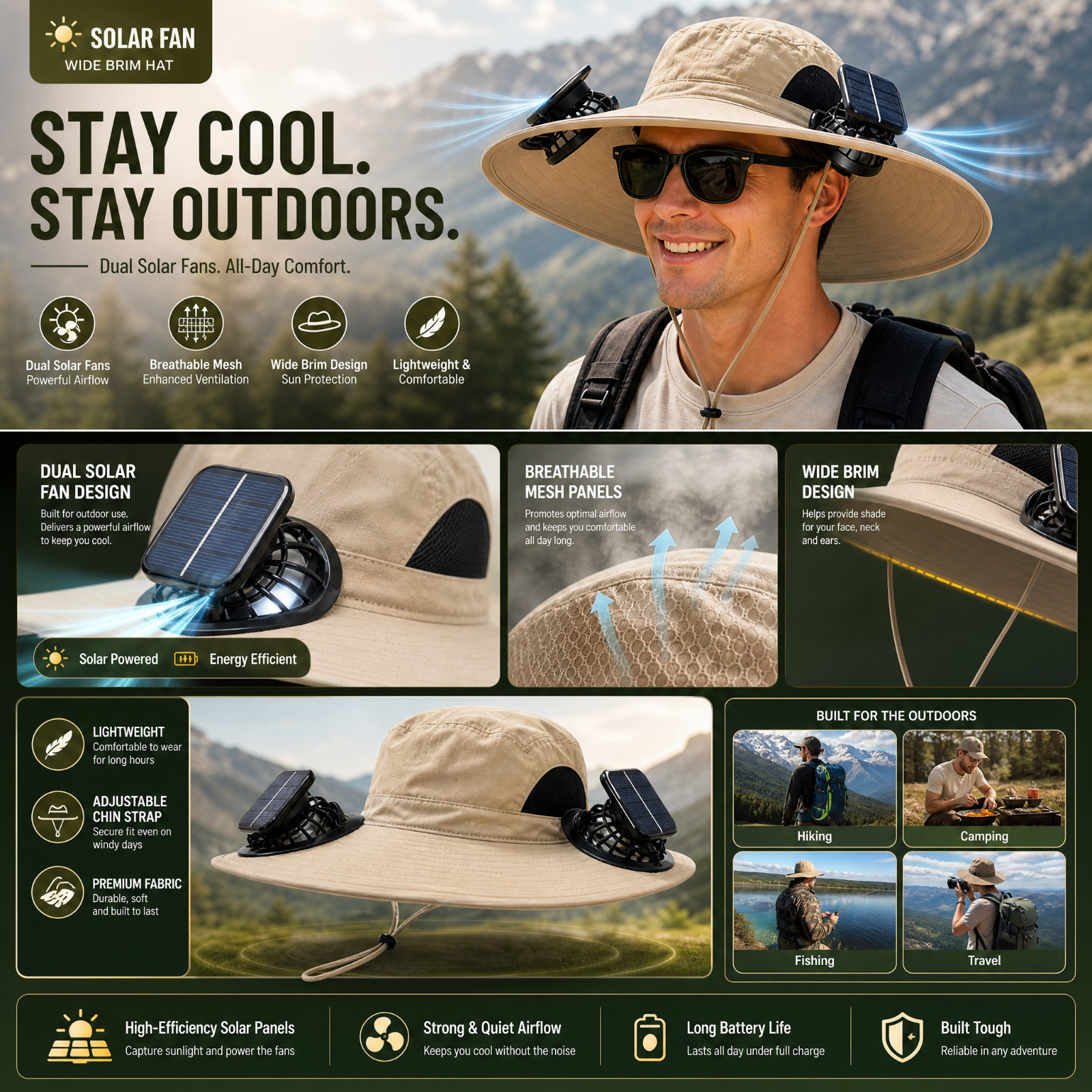 Khaki Solar Fan Hat Wide Brim Cooling Sun Hat Dual Fans Outdoor Fishing Camping