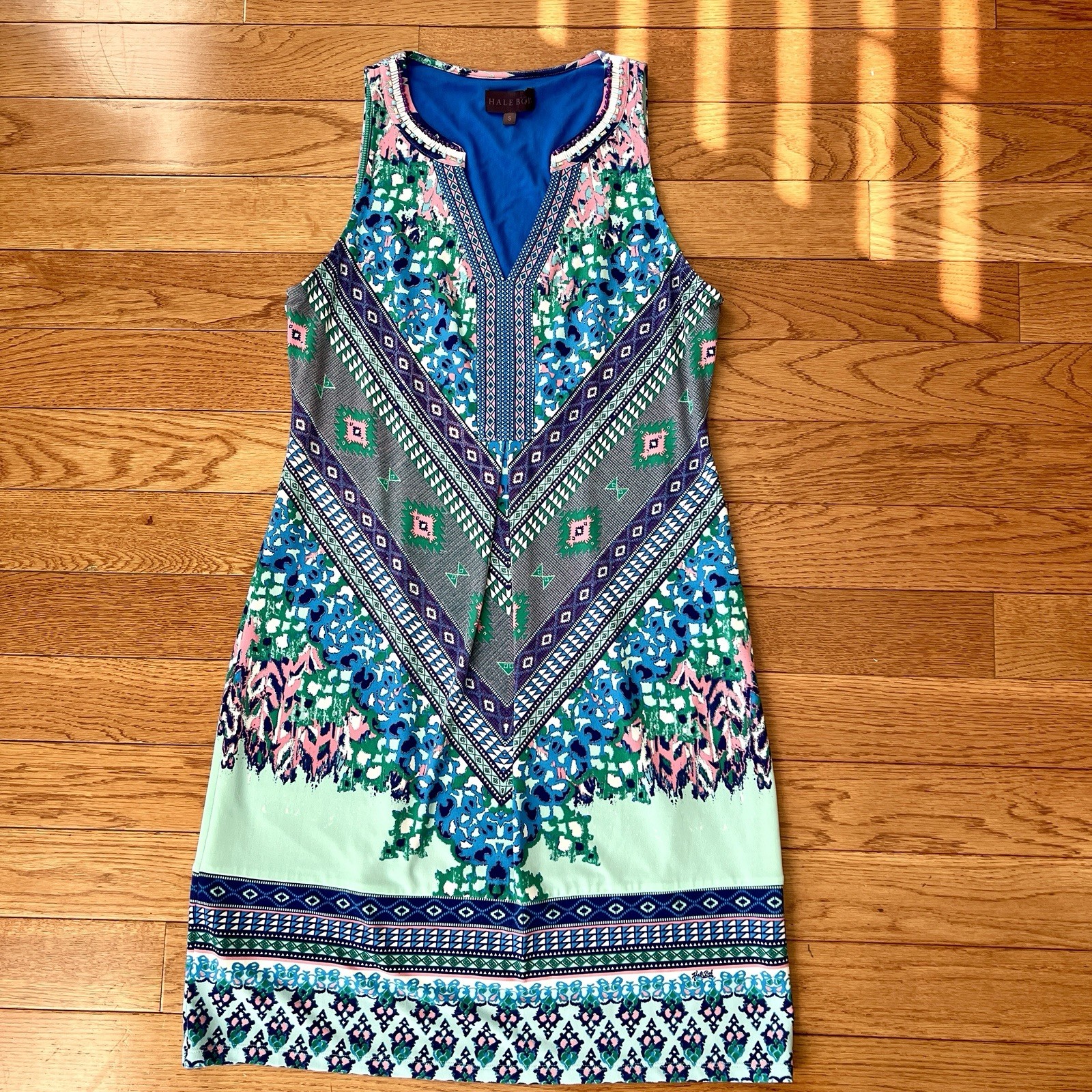 Hale Bob Womens Dress Small Sleeveless Knee Length Aline Floral Boho Turquoise