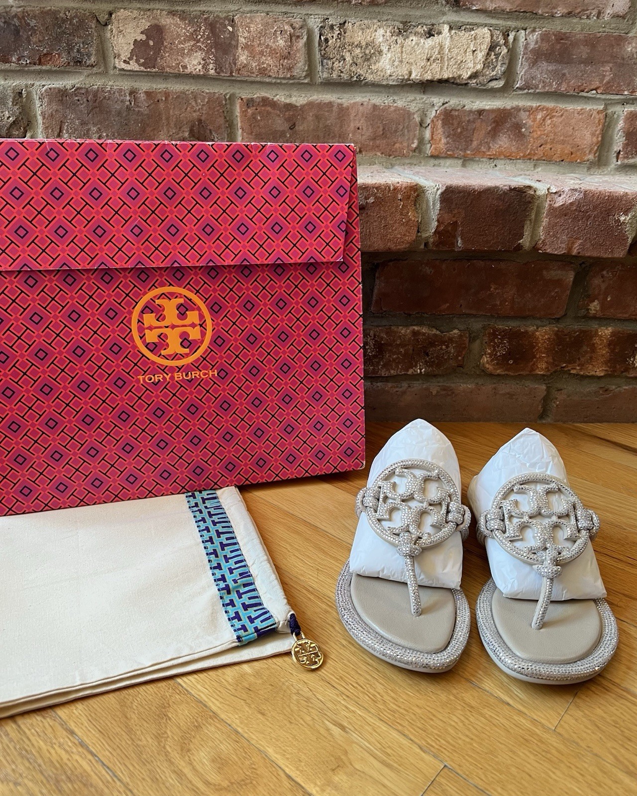 Tory Burch Stone Gray Miller Pavé Crystal Knotted Sandals