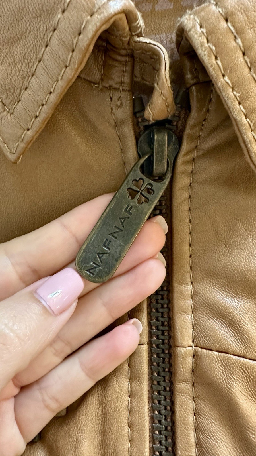 Vintage Naf Naf Cognac Genuine Sheepskin Leather Zip front Jacket Women’s L M