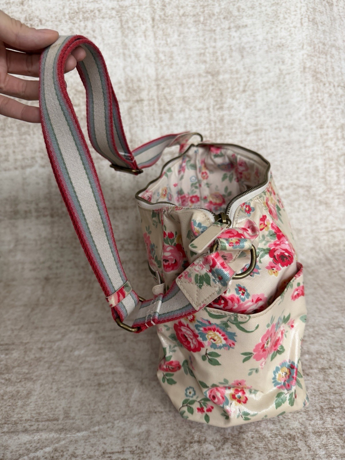 Cath Kidston Floral Oilcloth Crossbody Bag with Pouch Cream Pink Vintage