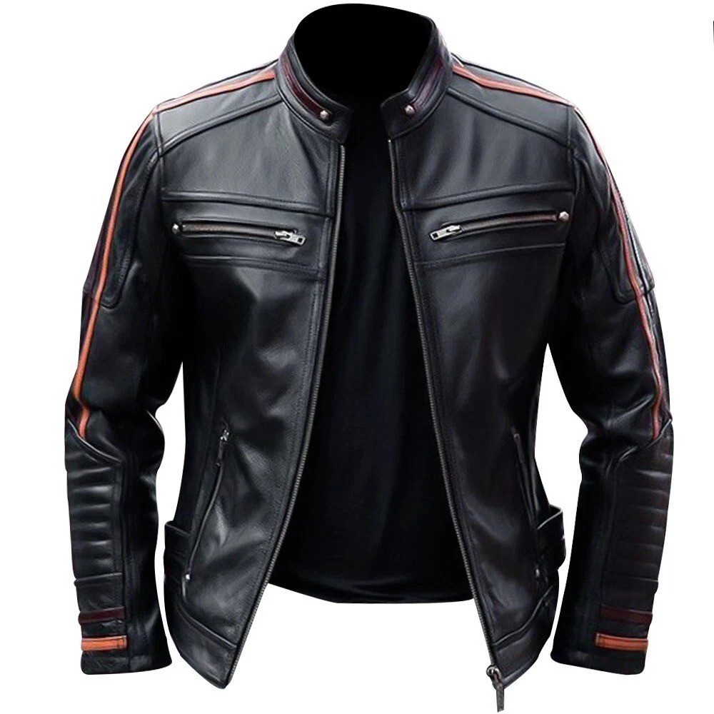 Men’s Black Leather Biker Jacket Café Racer Motorcycle Genuine Leather Jacket