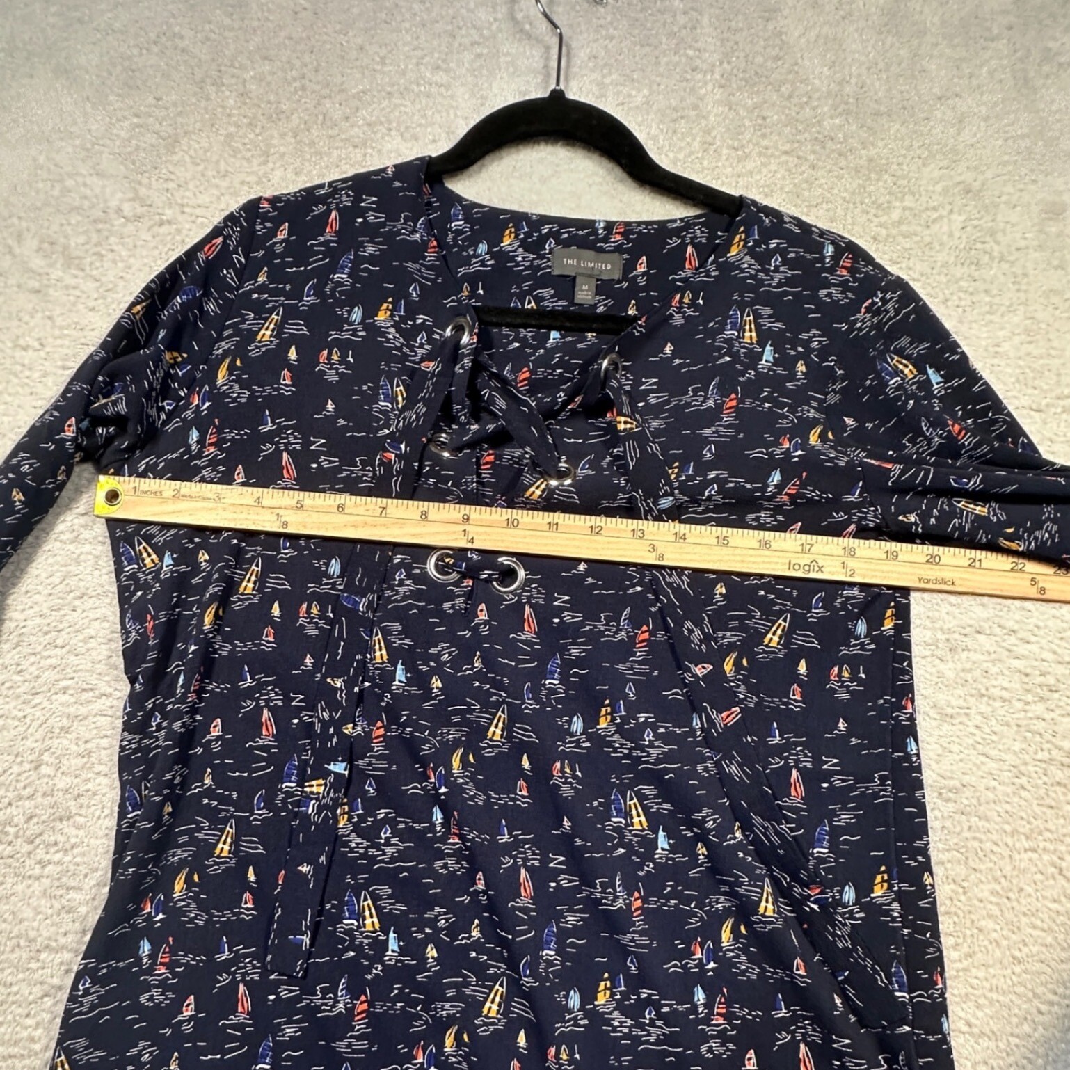 The Limited Sailboat Print Blouse Lace Up 3/4 Sleeve Top Nautical M