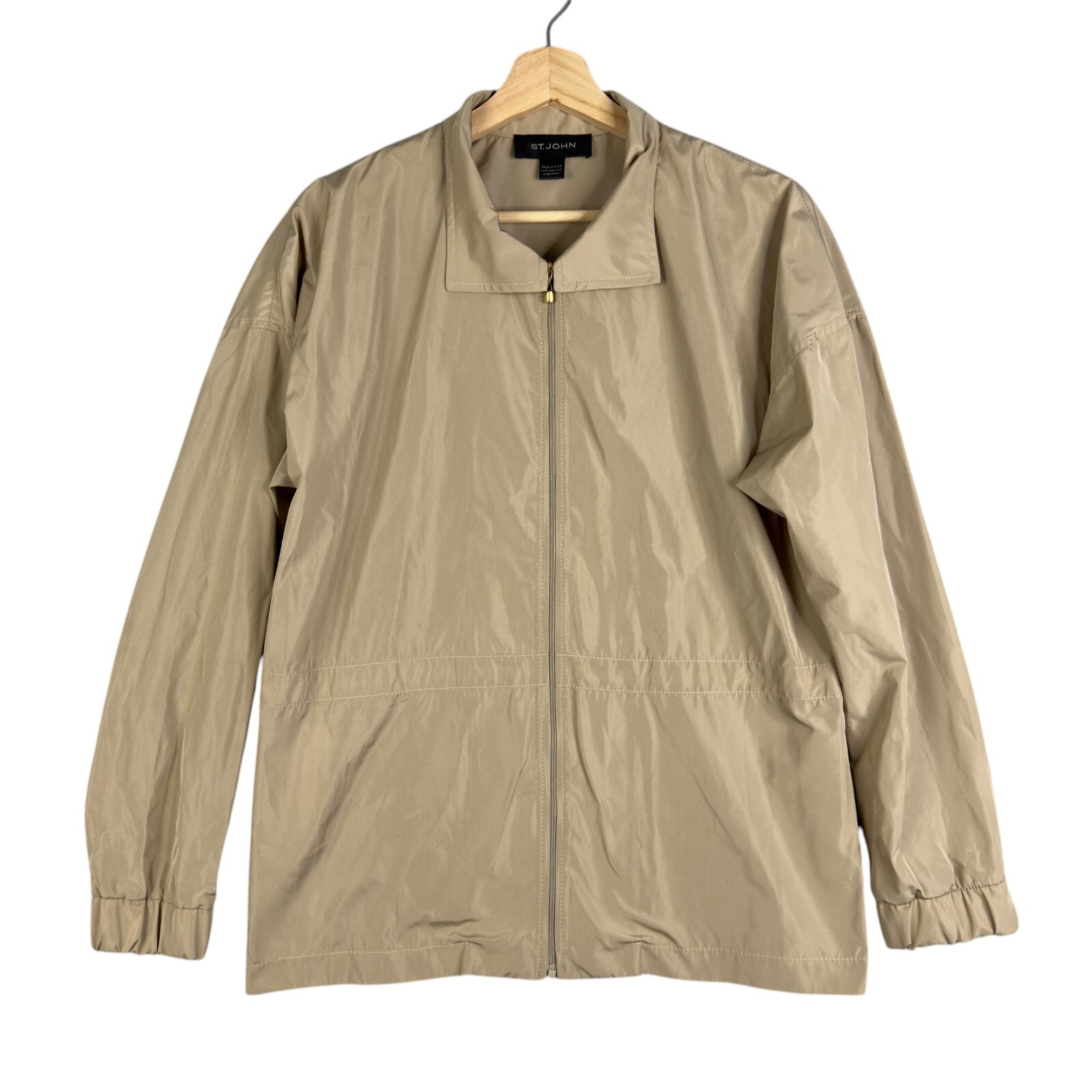 ST. JOHN Jacket Windbreaker Size M Beige Full Zip Rain Coat Softshell Beige Tan