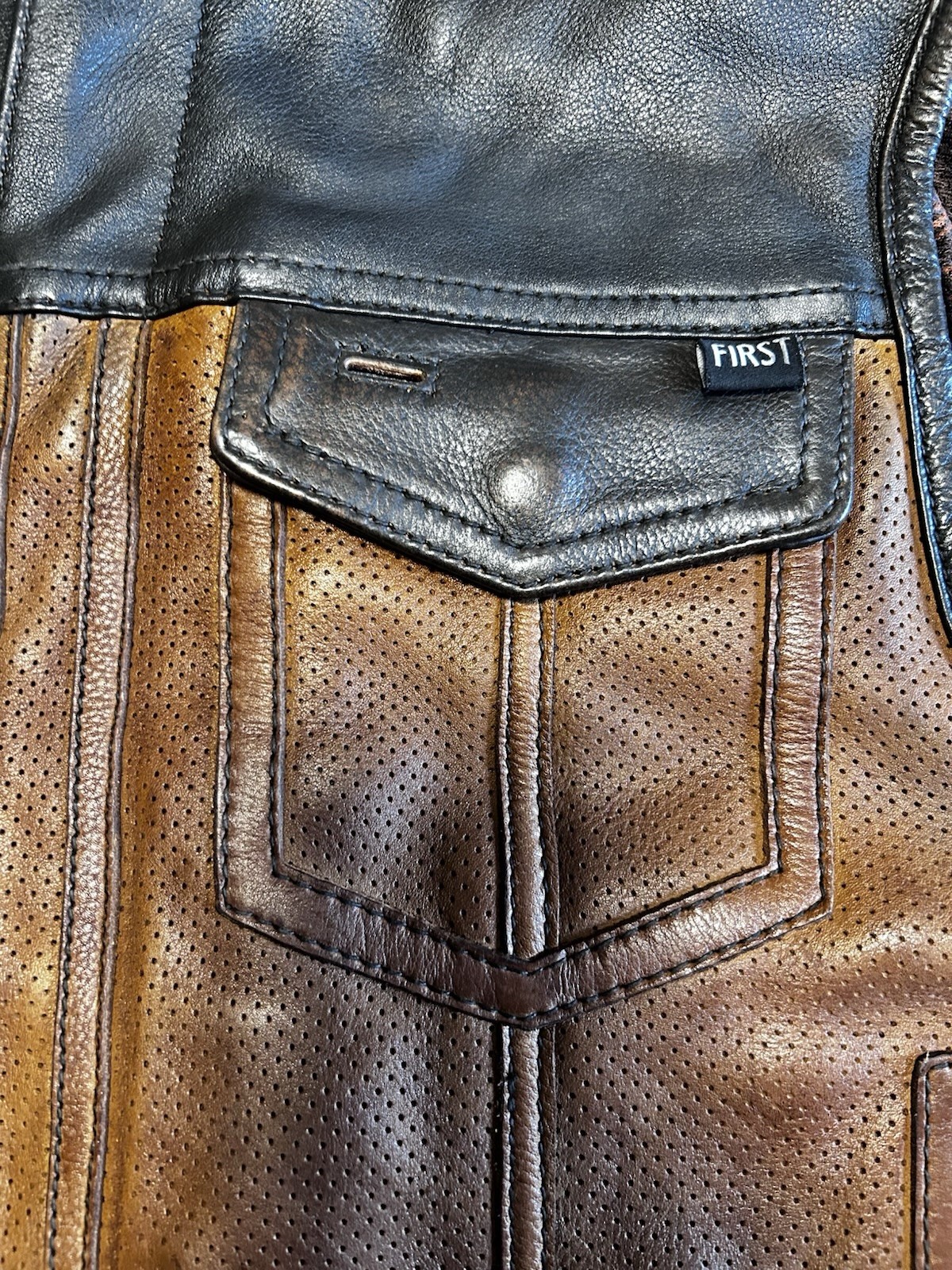 First MFG Co Men’s Leather Vest Size XL Perforated Leather. 2 Tone Brown/black