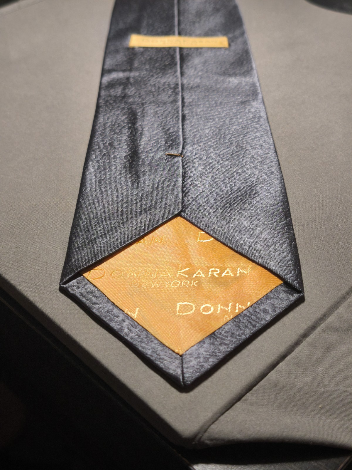 Women’s Karan NY – Solid Color Grey Silk Leather Effect Tie Made In USA