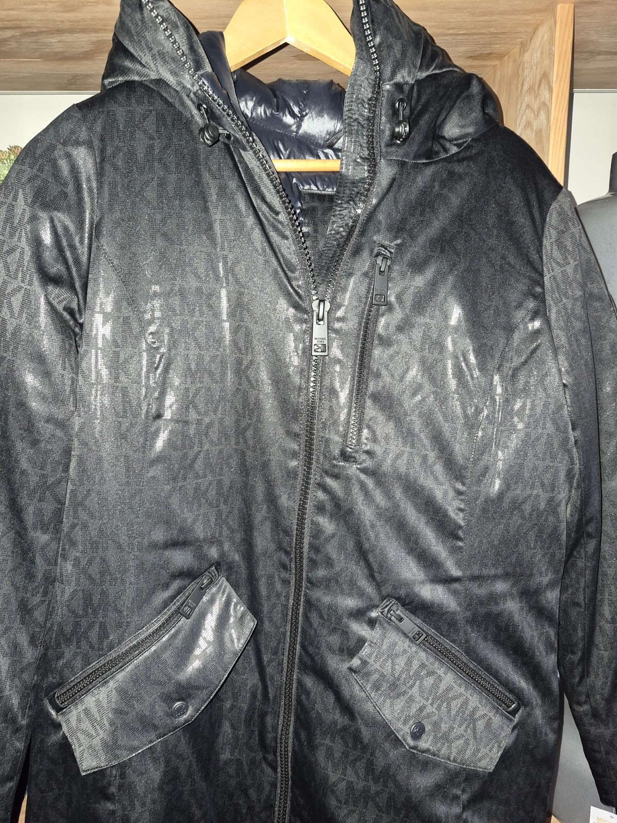 Michael Kors black multi logo print longline coat size S 42″ chest new cost £275