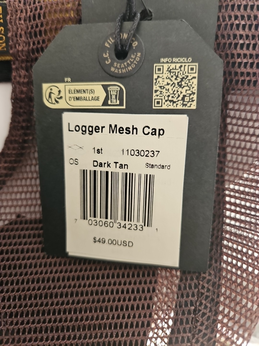 Filson Logger Tin Cloth Mesh Back Cap. Dark Tan.