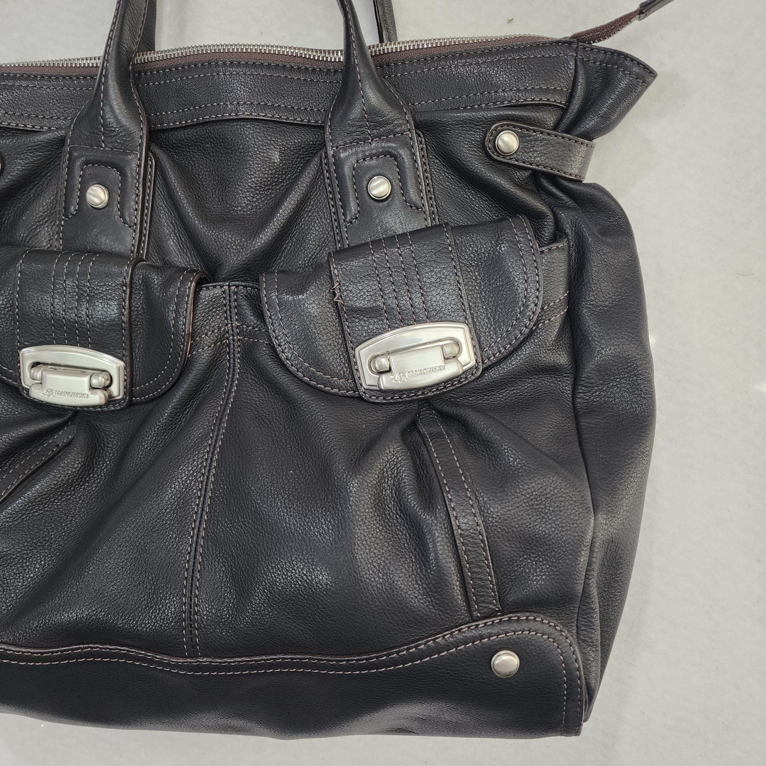 B. Makowsky Satchel Handbag Womens Black Leather Zip Pocket Silver Hardware