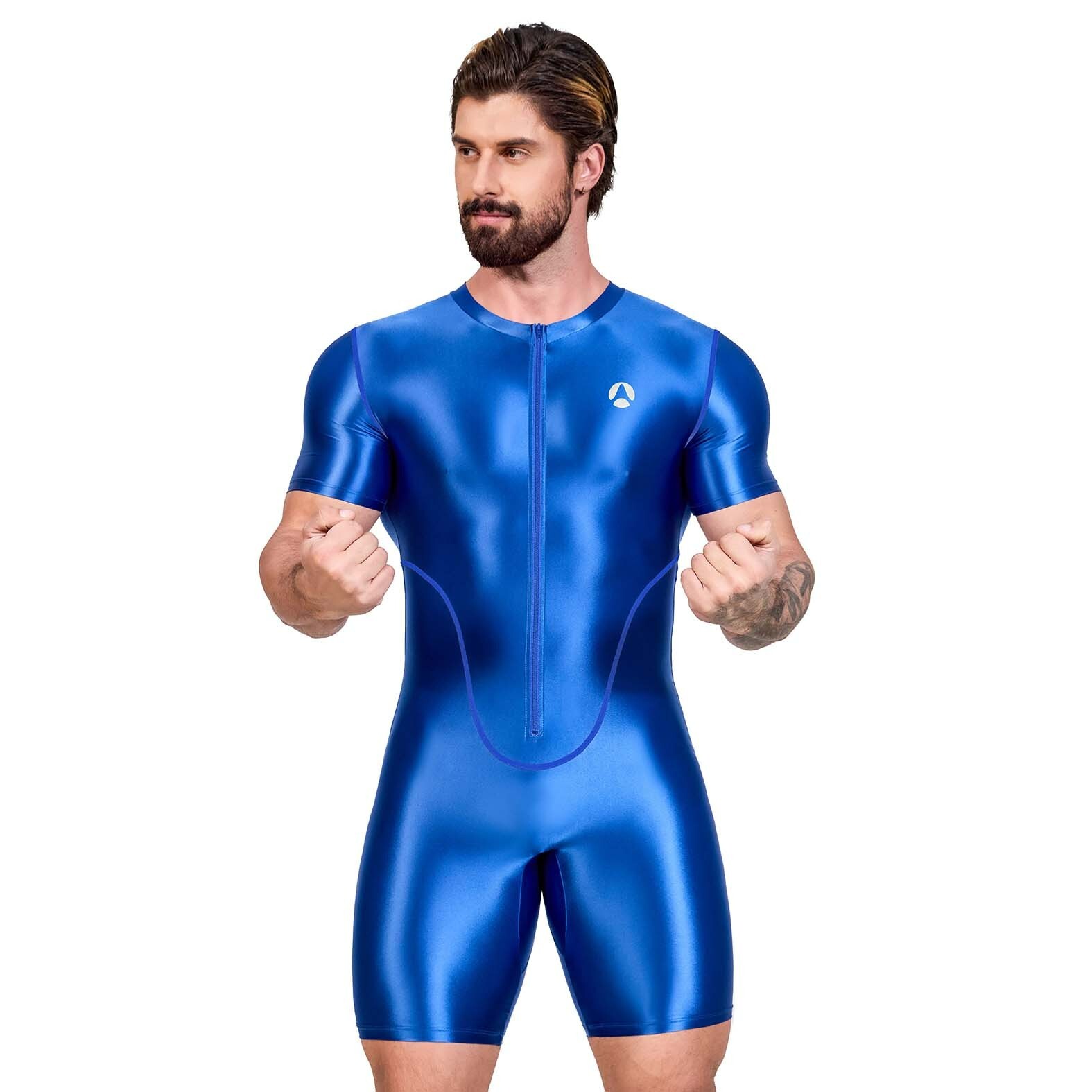 NEW AMORESY Men Shiny Glossy Tracksuits Bodysuit Tights Jumpsuits Overalls Suits