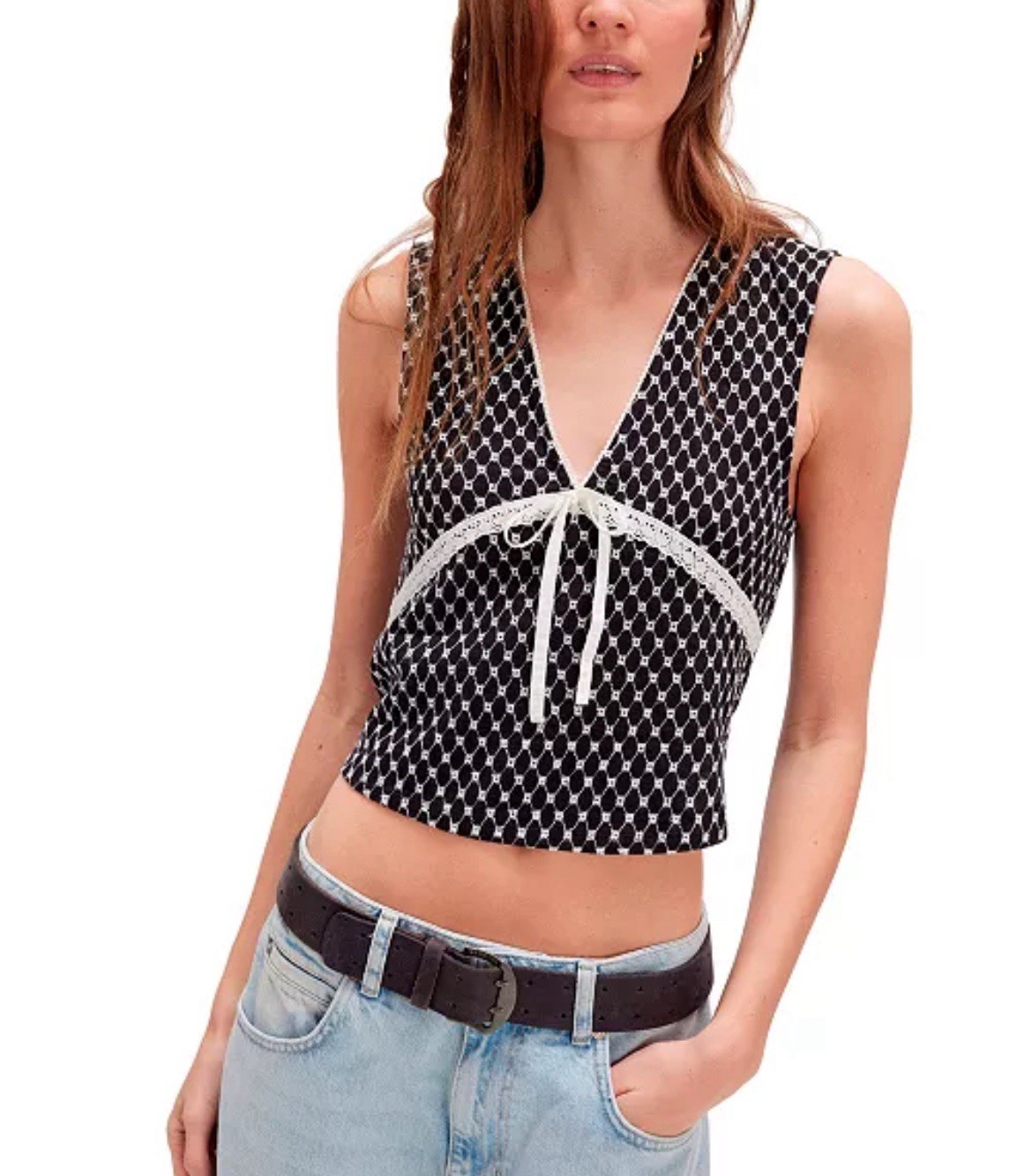 FREE PEOPLE WOMENS GOOD GRACES TOP Black M CROPPED TANK V-NECK LACE FITTED