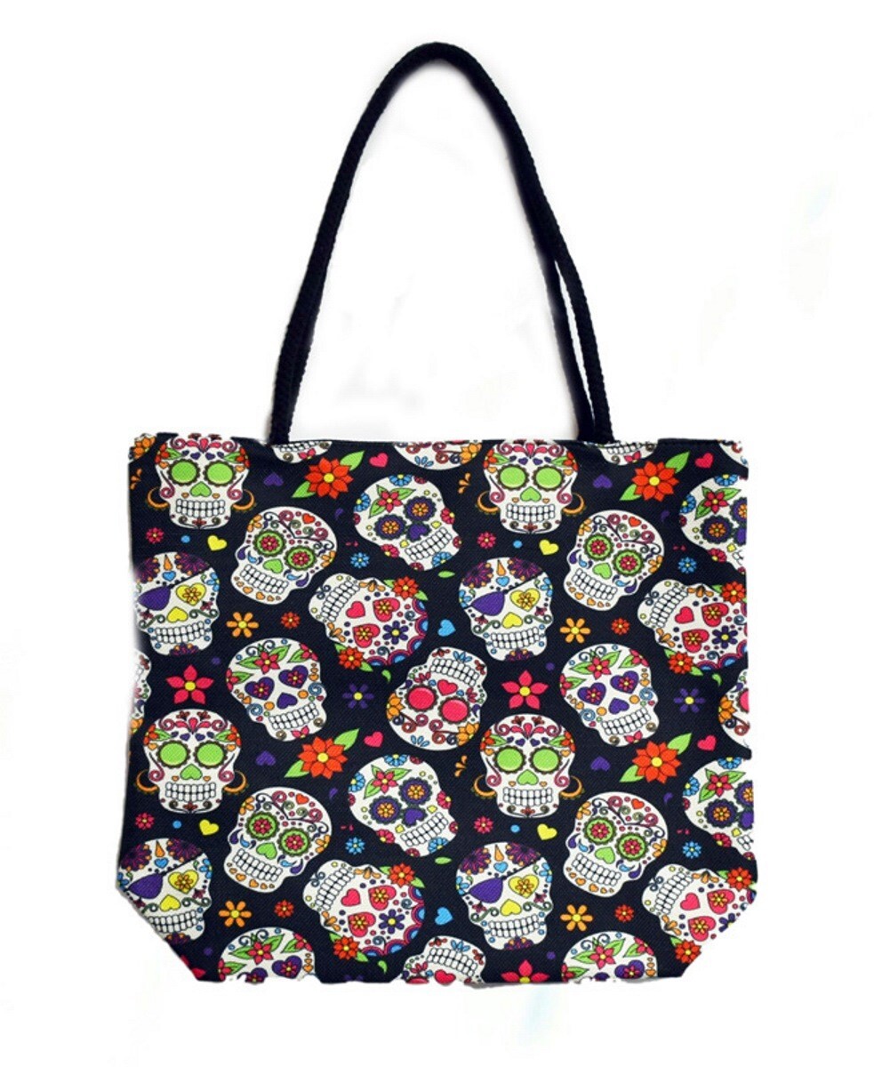 Jute Tote Bag SUGAR SKULLS 17 x 15 x 4.5 inches Rope Handle Sturdy