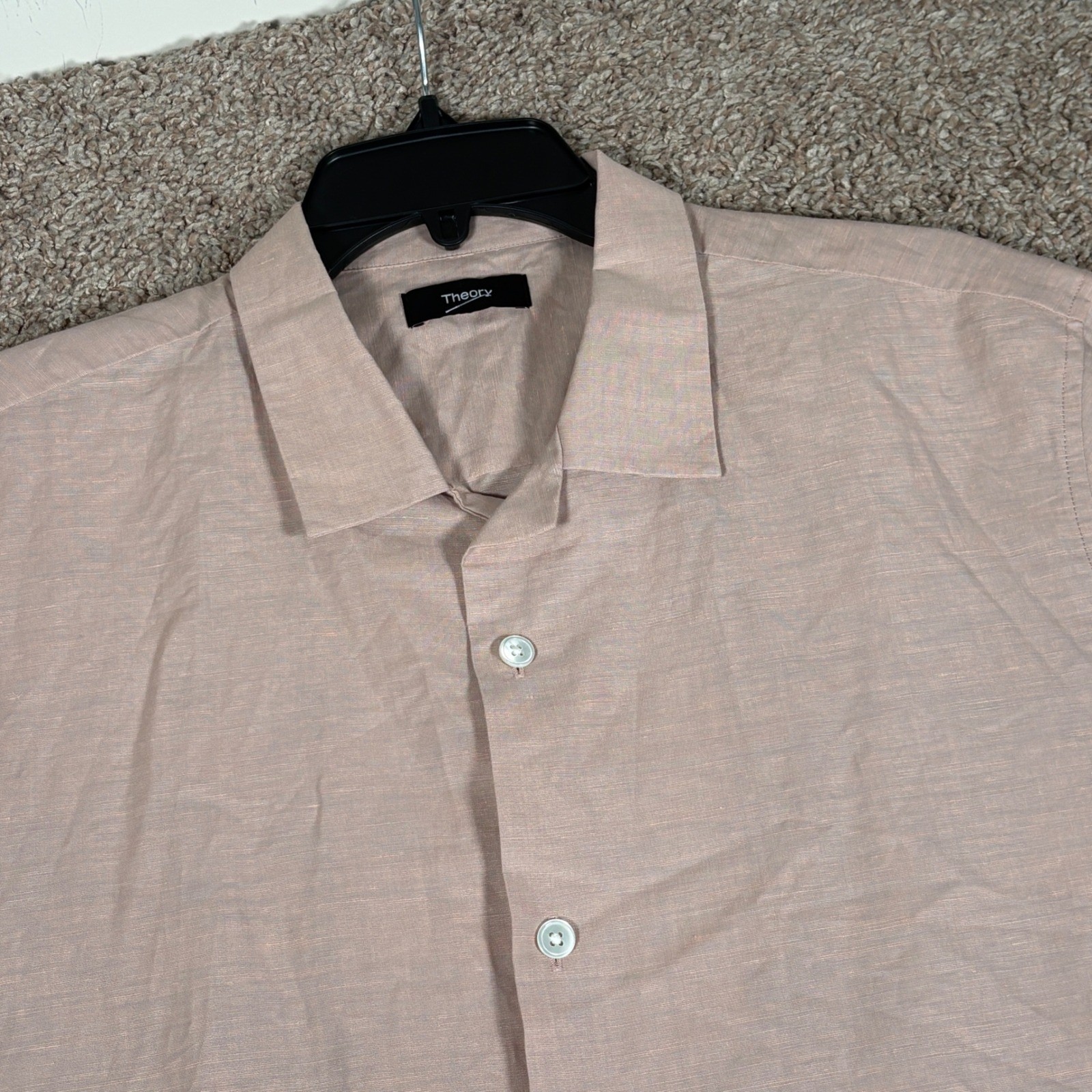 Theory Mens Daze Essential Linen Cotton Short Sleeve Button Down Shirt Pink L