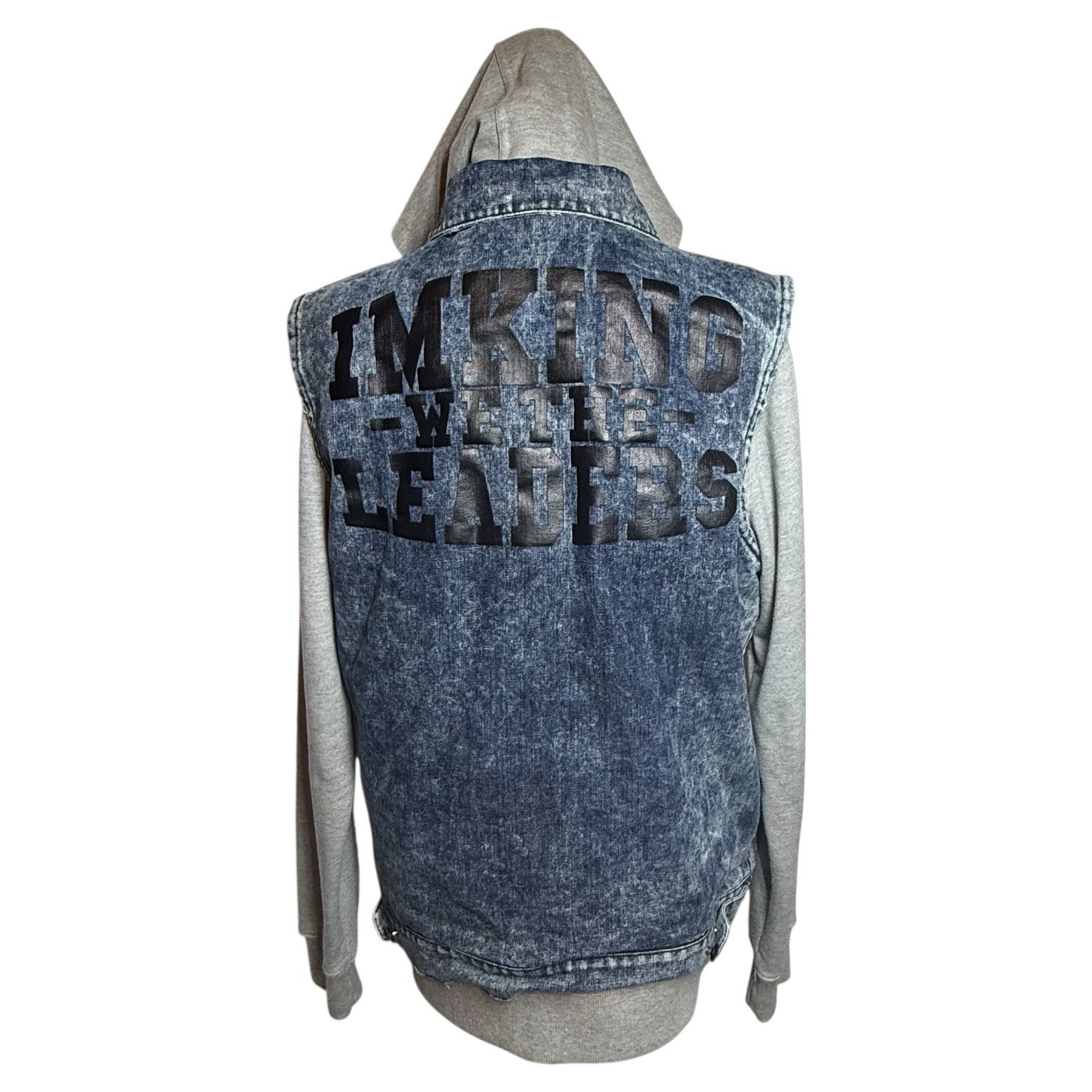 IMKING Hooded Denim Jacket Blue Gray Button Logo Zipper Men’s Size M
