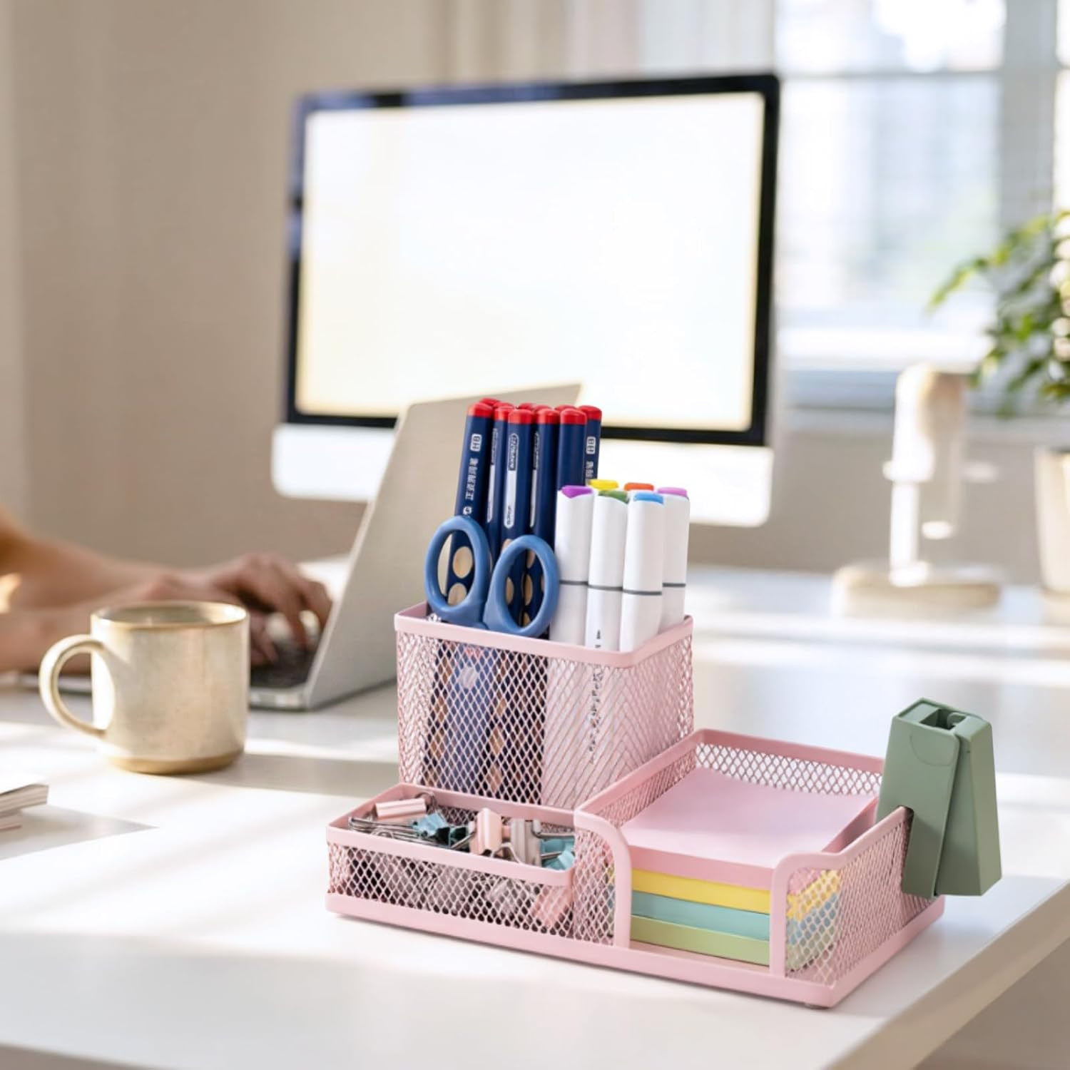 Mesh Pen Holder Desk Organizers Pencil Holder for Desk Pink, 3 Compartments Meta