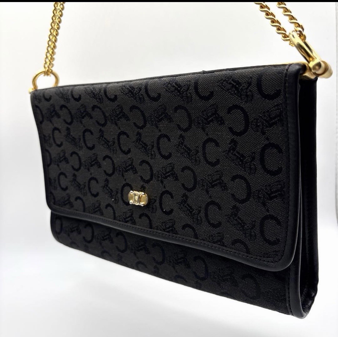 CELINE Aut Vintage C-sulky Monogram Jacquard Chain Flap Shoulder Bag