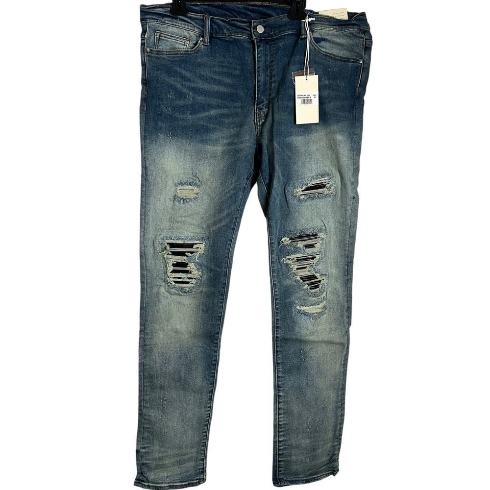 MNML Stretch Moto Denim Jeans Men Size 38 Blue Distressed Ripped Pants NEW