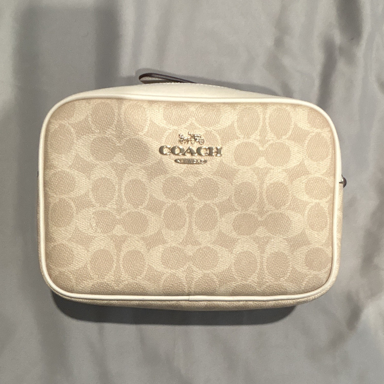 Coach Signature Monogram Small Zip Crossbody Bag Beige/White Detachable Strap