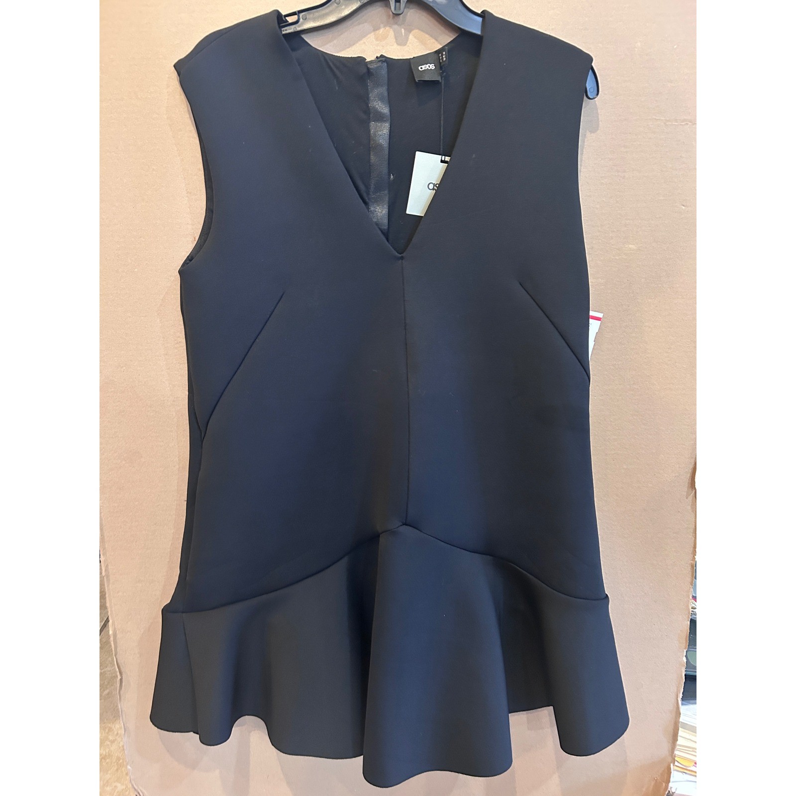 ASOS Peplum Top Mini Dress Size 10 Black New Scuba V-Neck Ruffle Hem Sleeveless
