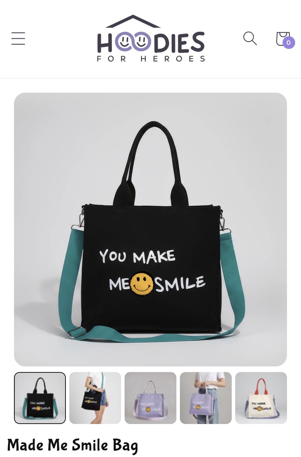 Hoodies for Heroes Black Tote Embroidered Smiley Zip Teal Crossbody Strap