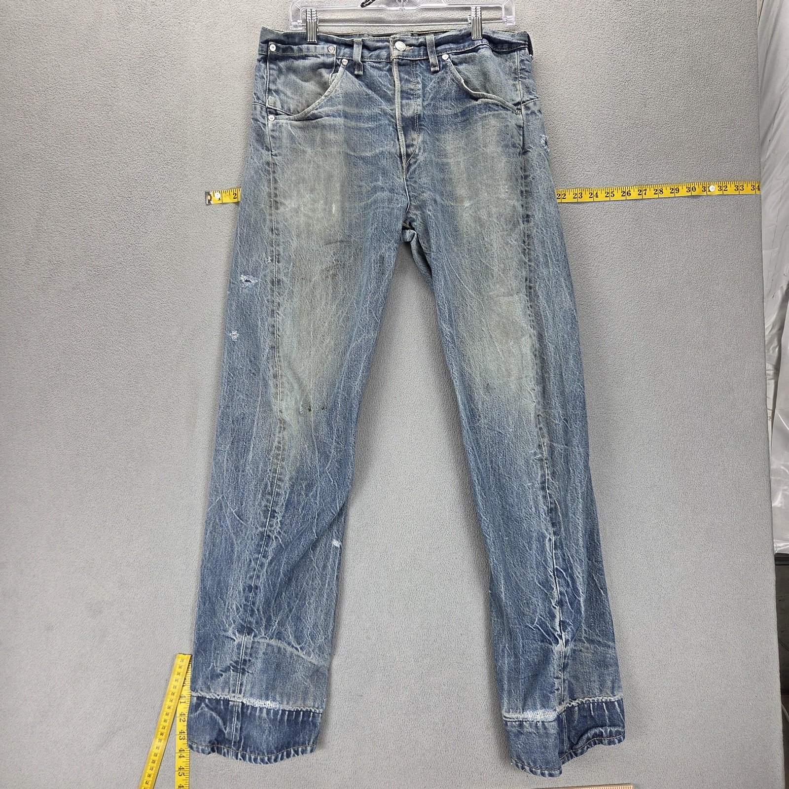 VTG Levis Engineered Jeans Mens Blue Twisted Button Fly Altered Hem Fits 32×32
