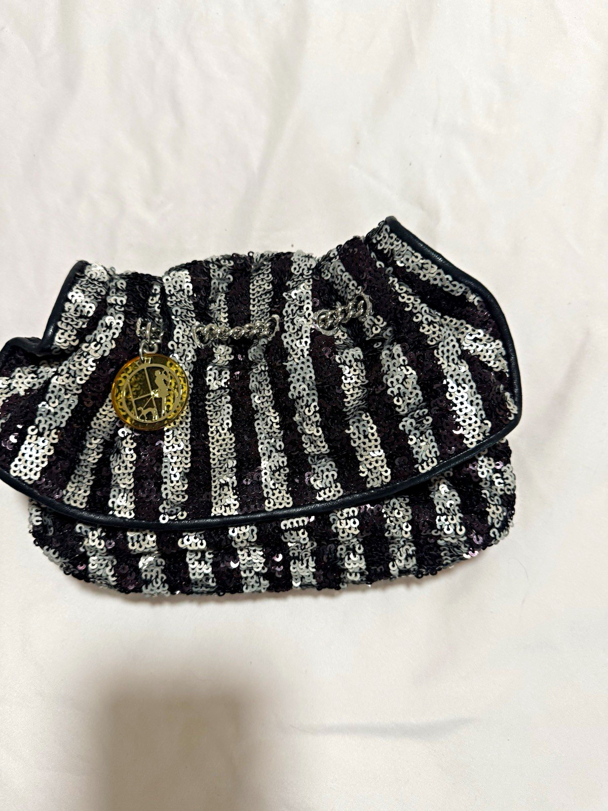 Henri Bendel Black & Silver Sequin Striped Clutch Chain Strap Purple Lining