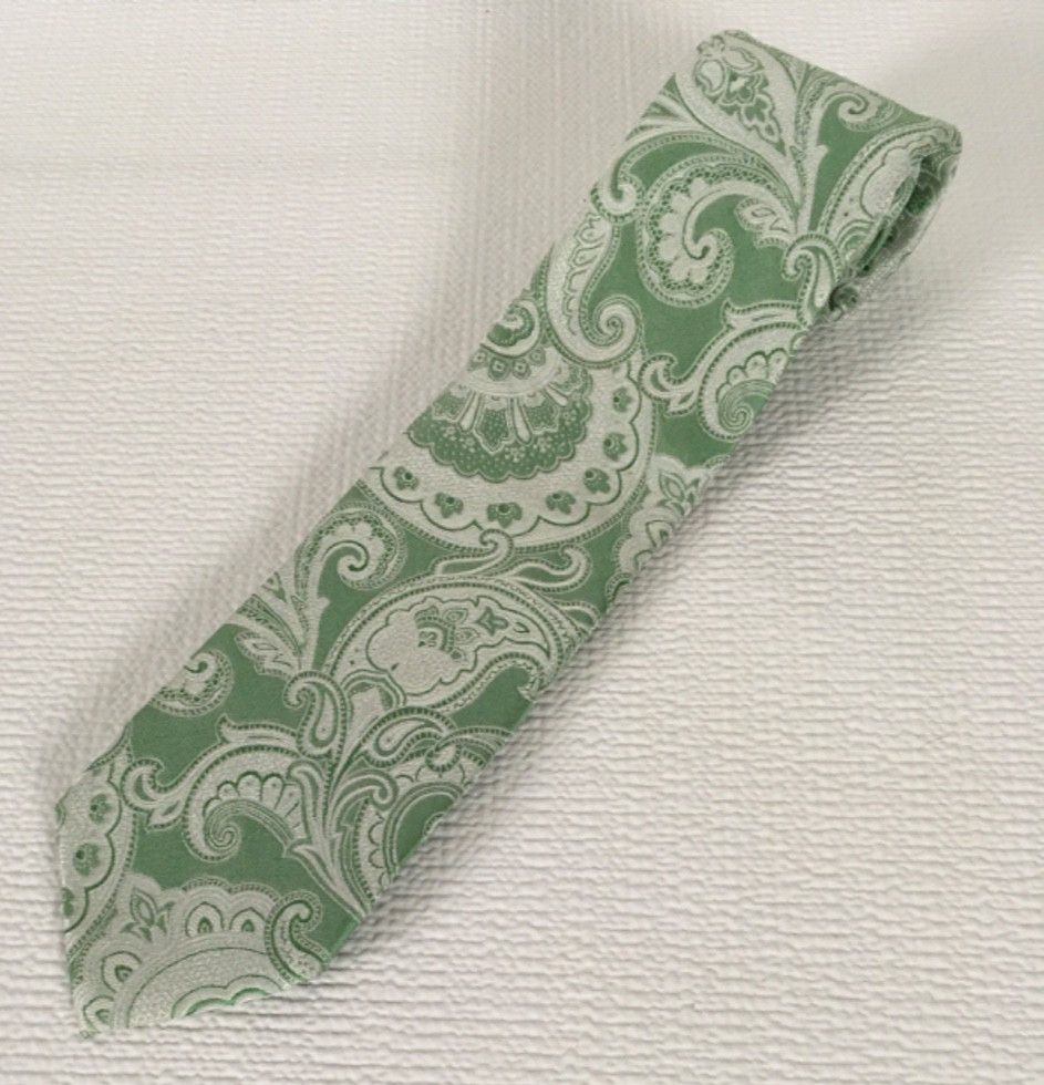 Paul Fredrick Neck Tie Green Silver Paisley 100% Silk 3.25 in Wide 59 in Long